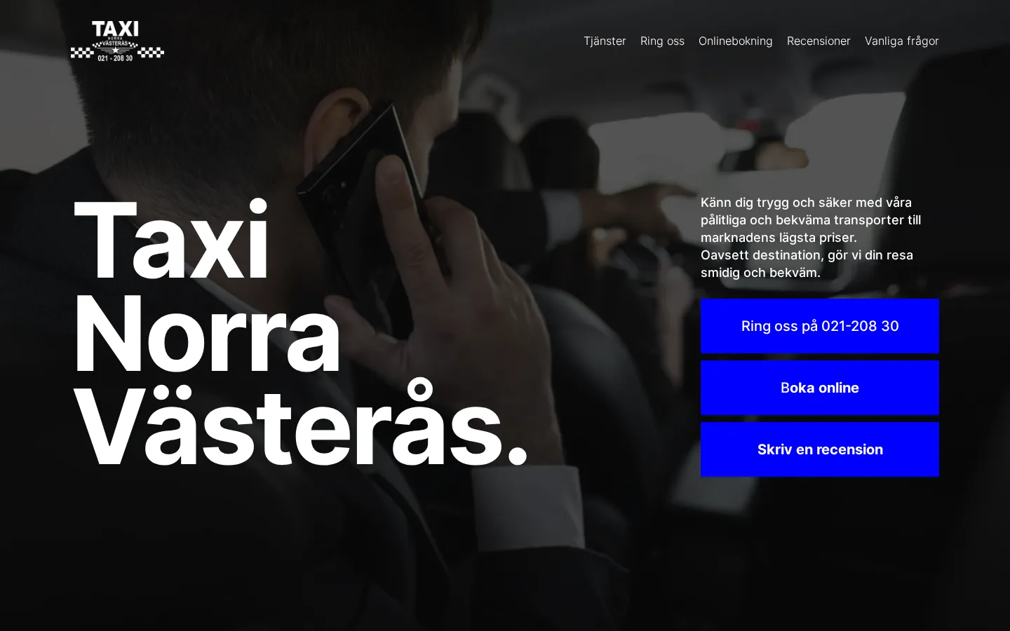 Startsidan på taxinorravasteras.com, en hemsida byggd av MKDSGN